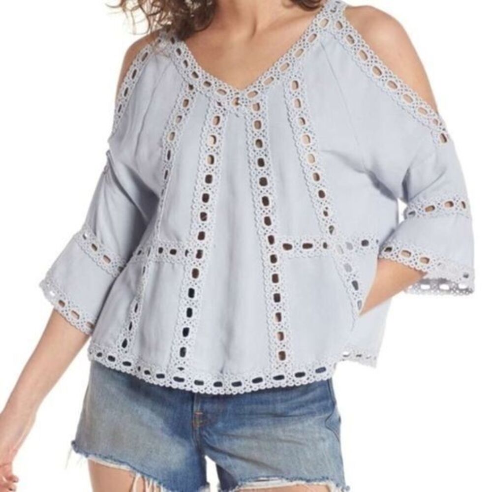 Raga light blue gray embroidered bell sleeve top